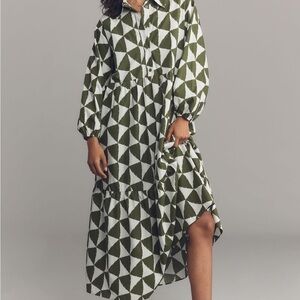 Anthropologie Maeve Olive and White Long Sleeve Dress